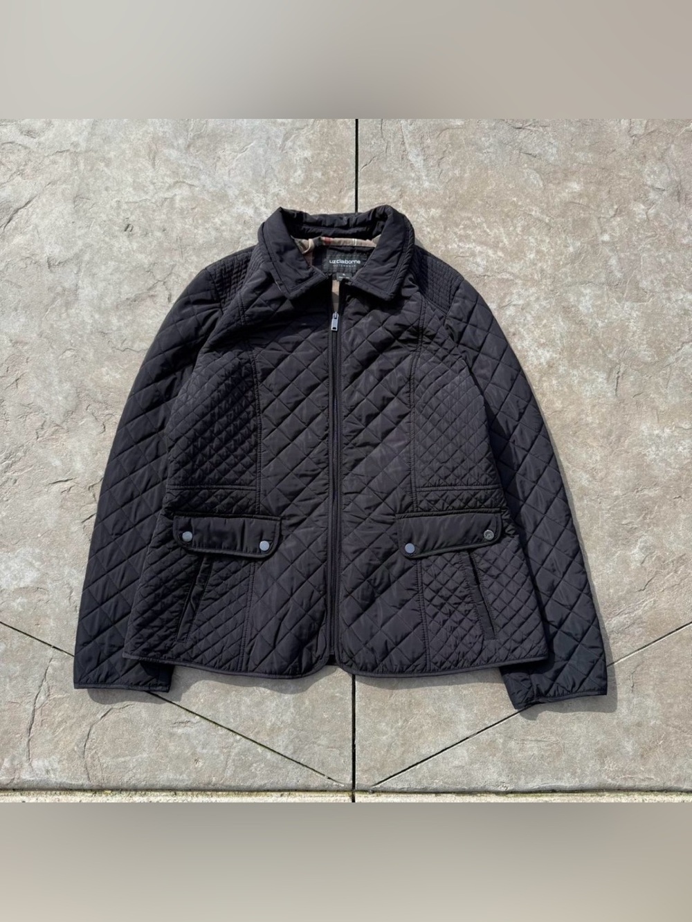 Liz Claiborne Black Quilted Zipper Jacket Plaid Lining XL